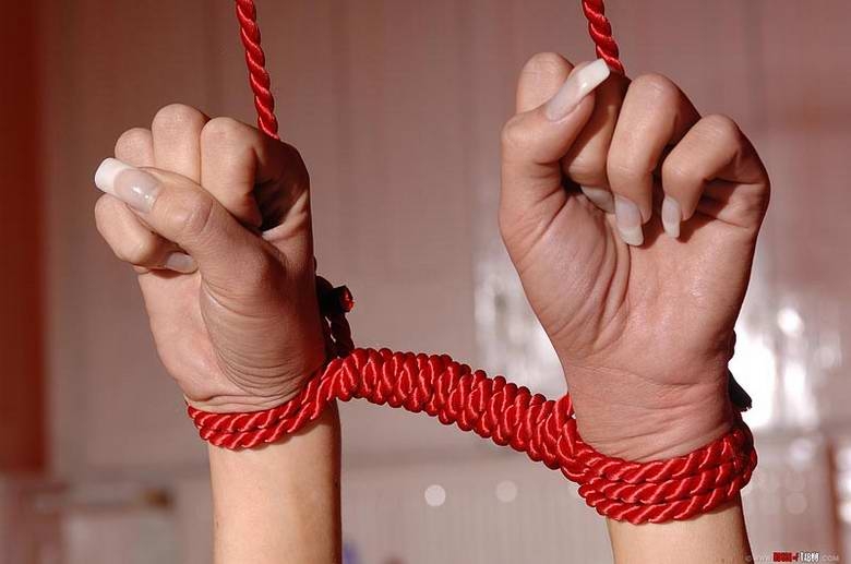 Awesome babe Bambi tied with rope